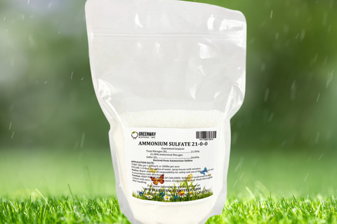 Clear bag of greenway biotech ammonium sulfate fertilizer on a green grassy lawn