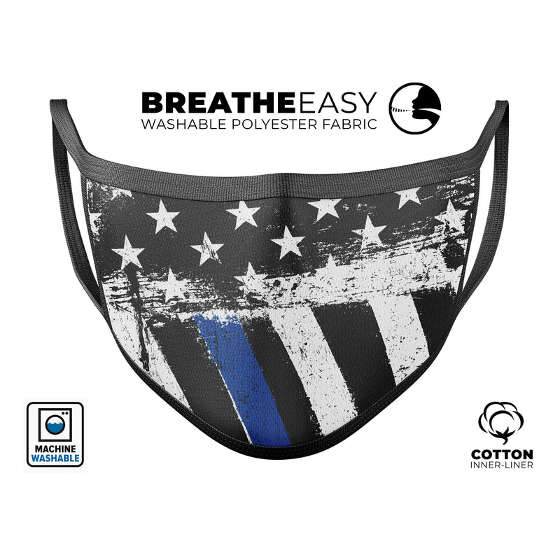 Grunge Patriotic American Flag with Thin Blue Line 3 - Made in USA Mouth Cover Unisex Anti-Dust Cotton Blend Reusable & Washable Face Mask with Adjustable Sizing for Adult or Child