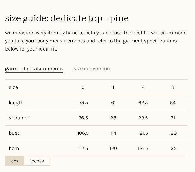 sizing measurements