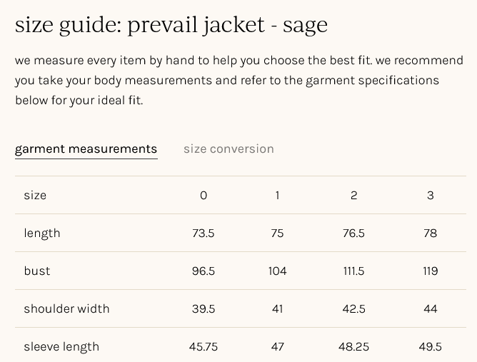 sizing measurements