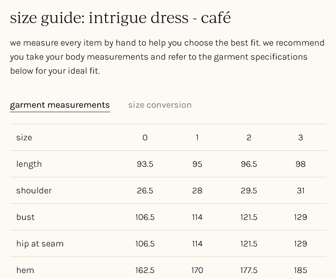 sizing measurements