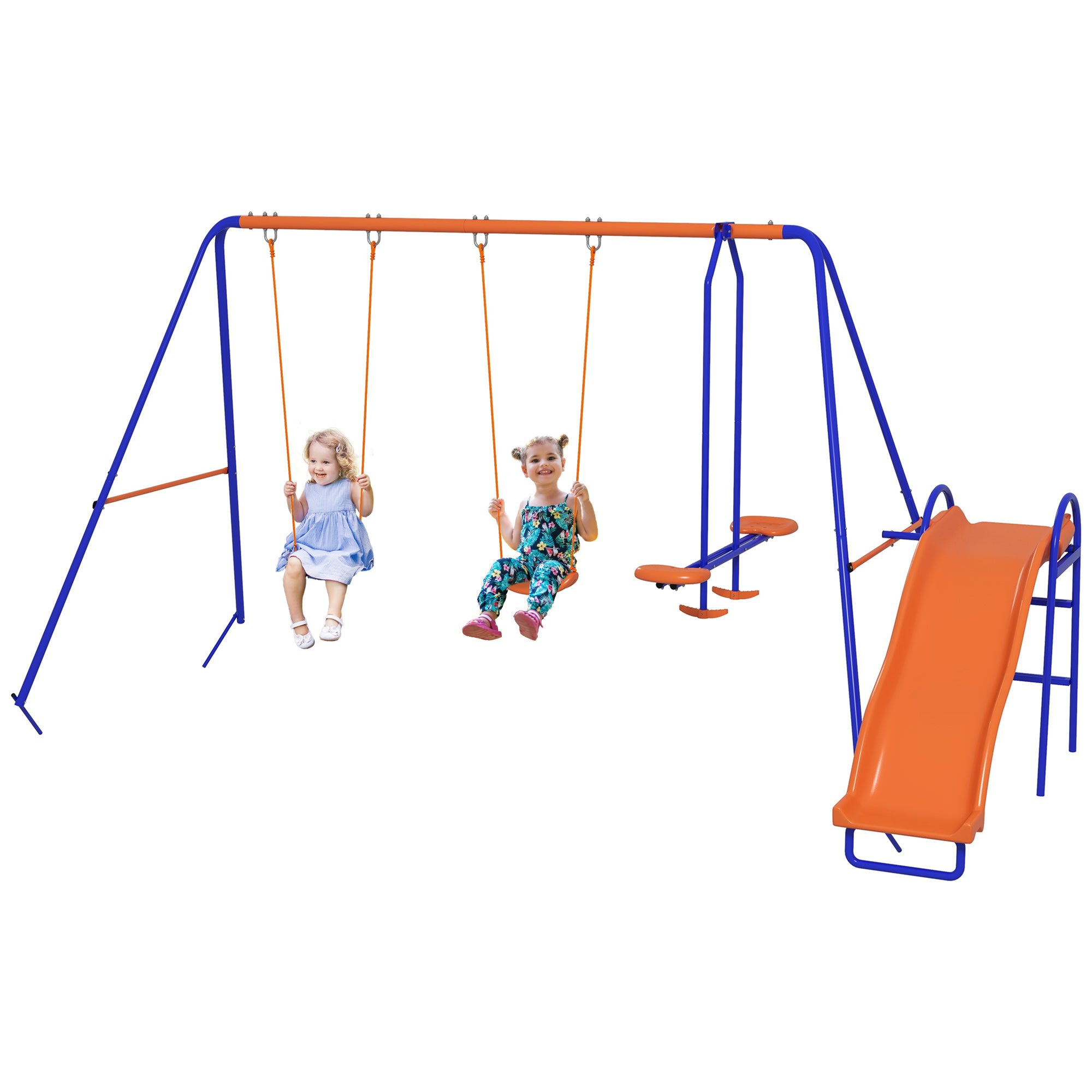 Outsunny 4 In 1 Metal Kids Swing Set W/ Double Swings, Glider, Slide, Ladder