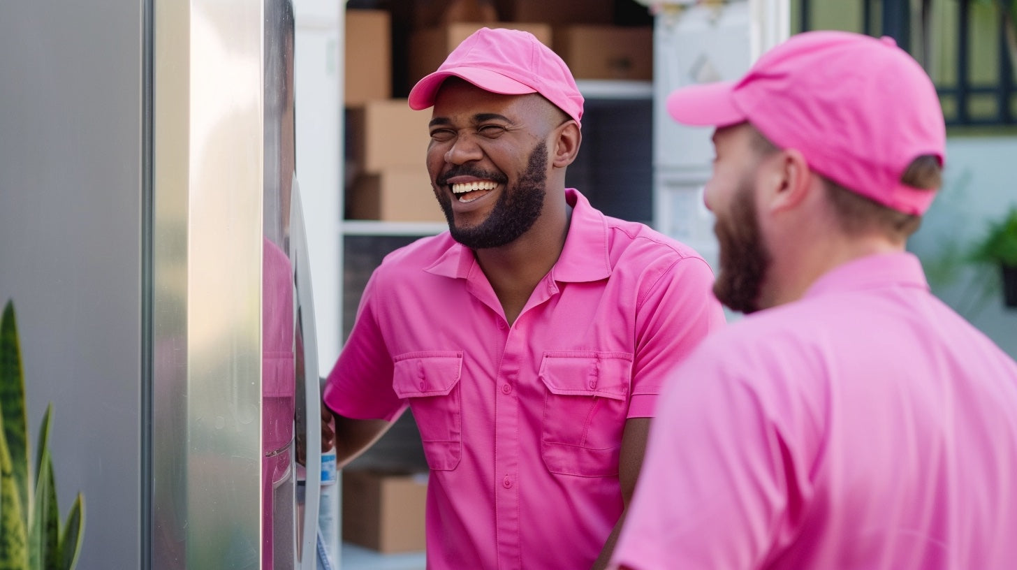 delivery team laughing at a funny joke while moving a refrigerator