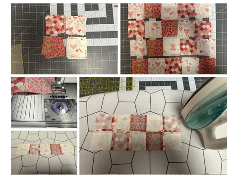 photo collage of the 2.5in squares being arranged, sewn together, and then the seams pressed open