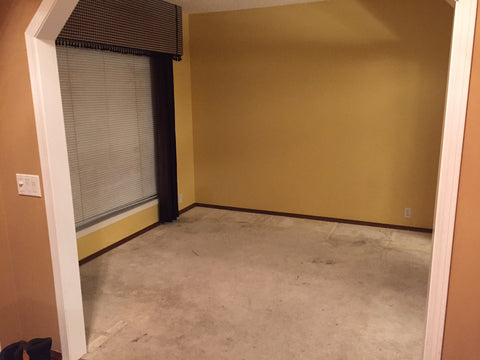 Multipurpose room before renovation with old carpet and dated colors.