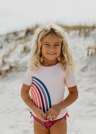 Girls Rash Guard Swim Suit - One Piece - Beige Stripe Rainbow — 1000 Hours  Outside