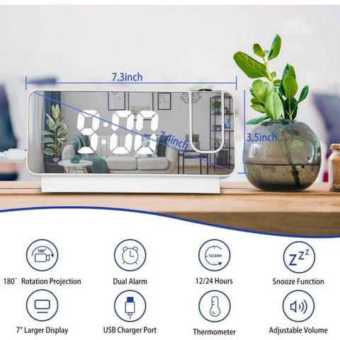 Detailed view of the Projection Alarm Clock's HD LED screen, showing time and indoor temperature.