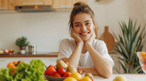 A woman whose smiling in front of vegetables