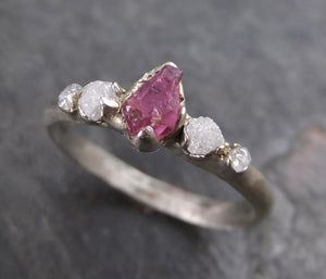Raw Sapphire Diamond White Gold Engagement Ring Multi stone Wedding Ring Custom One Of a Kind Hot Pink Gemstone Ring Three stone Ring 0067 - Gemstone ring by Angeline