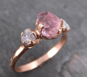 Raw Rough Pink Topaz Conflict Free Diamonds Rose Gold Ring One Of a Kind Gemstone Engagement Wedding Ring Recycled gold - Gemstone ring by Angeline