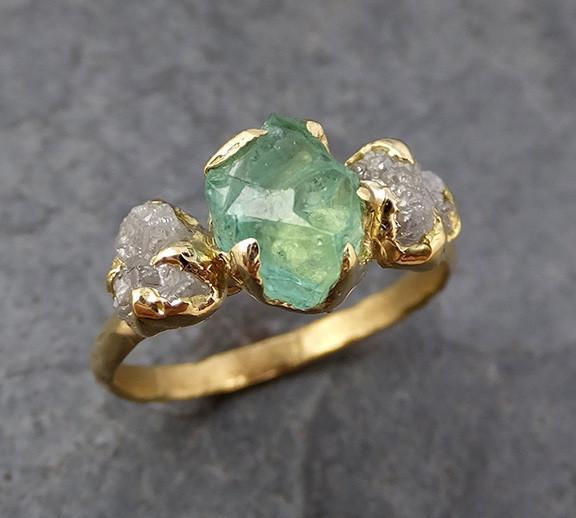 Three raw Stone Diamond Emerald Engagement Ring 18k Gold Wedding Ring