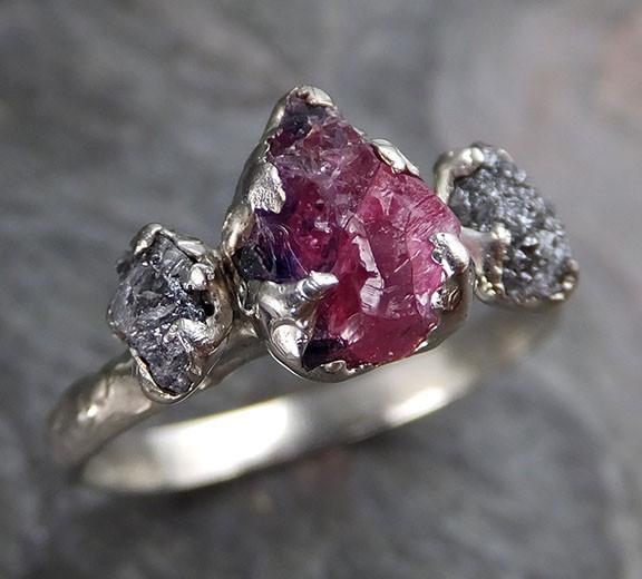  Raw  Rough Black Diamond Ruby Multi Stone Ring  14k White 