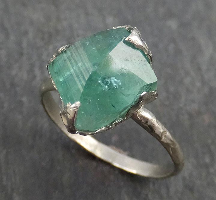 Partially faceted Raw Sea Green Tourmaline White Gold Ring Rough Uncut ...