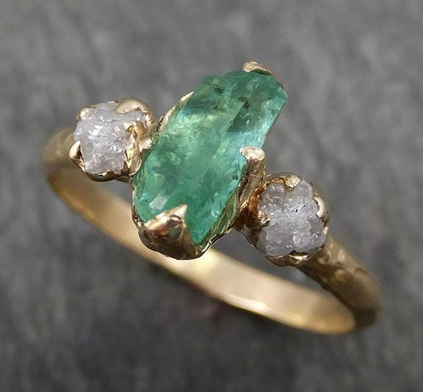 Three raw Stone Diamond Emerald Engagement Ring 14k Gold Wedding Ring ...