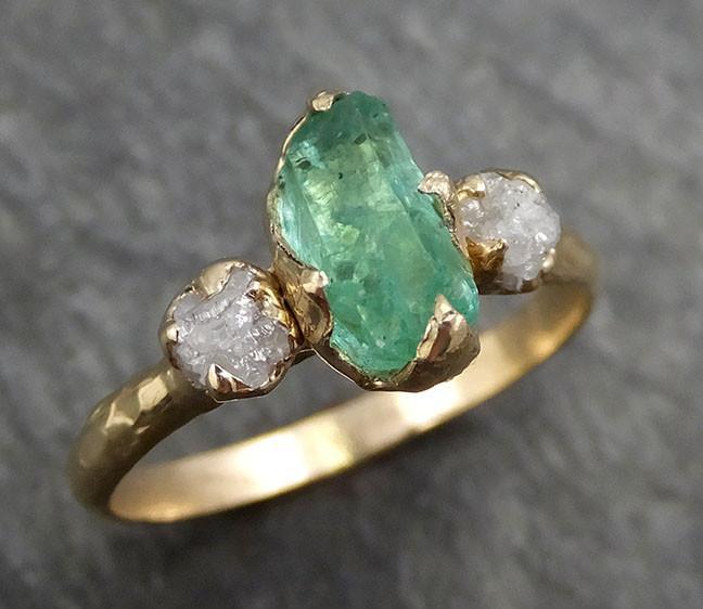 Three raw Stone Diamond Emerald Engagement Ring 14k Gold Wedding Ring