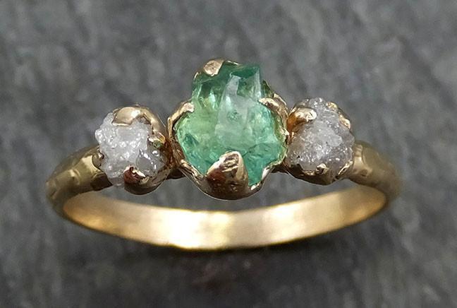 Three raw Stone Diamond Emerald Engagement Ring 14k Gold Wedding Ring