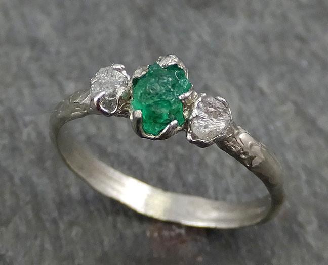 Three raw Stone Diamond Emerald Engagement Ring 14k white Gold multi