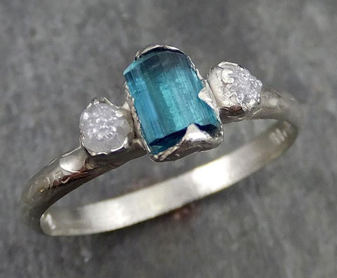 Raw blue green Indicolite Tourmaline Diamond White Gold Engagement gem ...