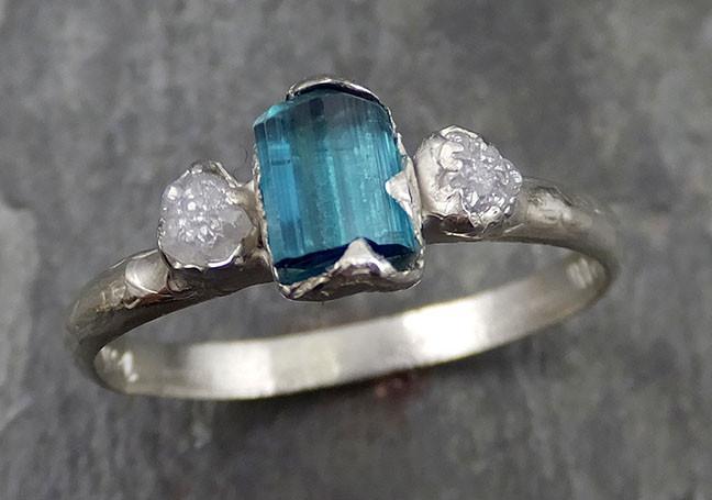 Raw blue green Indicolite Tourmaline Diamond White Gold Engagement gem ...