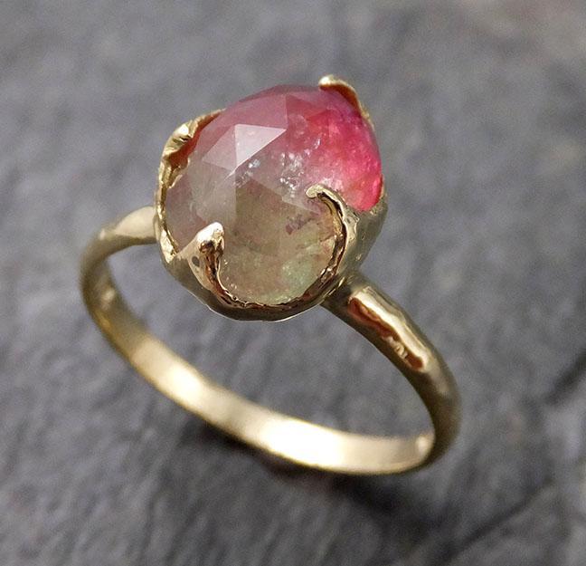 Fancy cut Watermelon Tourmaline Yellow Gold Ring Gemstone Solitaire recycled 18k statement cocktail statement 1236