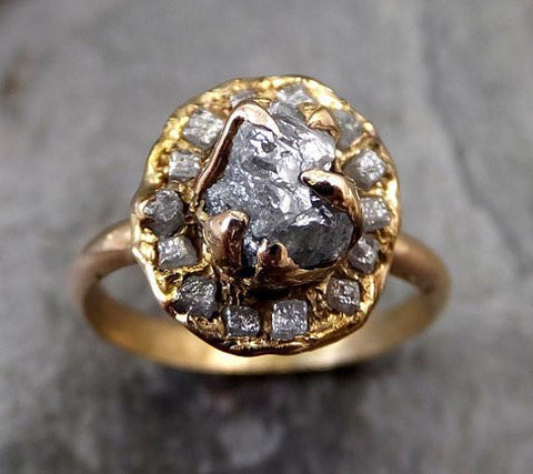 Raw Diamond Multi stone Halo Engagement Ring Rough 18k Yellow Gold Wed ...