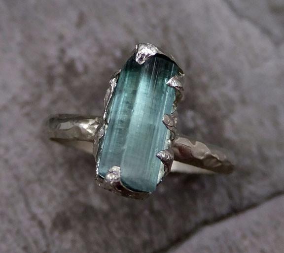 Raw Blue Green Tourmaline White Gold Ring Rough Uncut Gemstone Promise ...