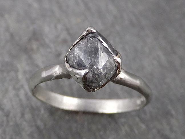Natural rough uncut octahedral Salt and Pepper Diamond Solitaire Engagement 14k White Gold Wedding Ring byAngeline 1776