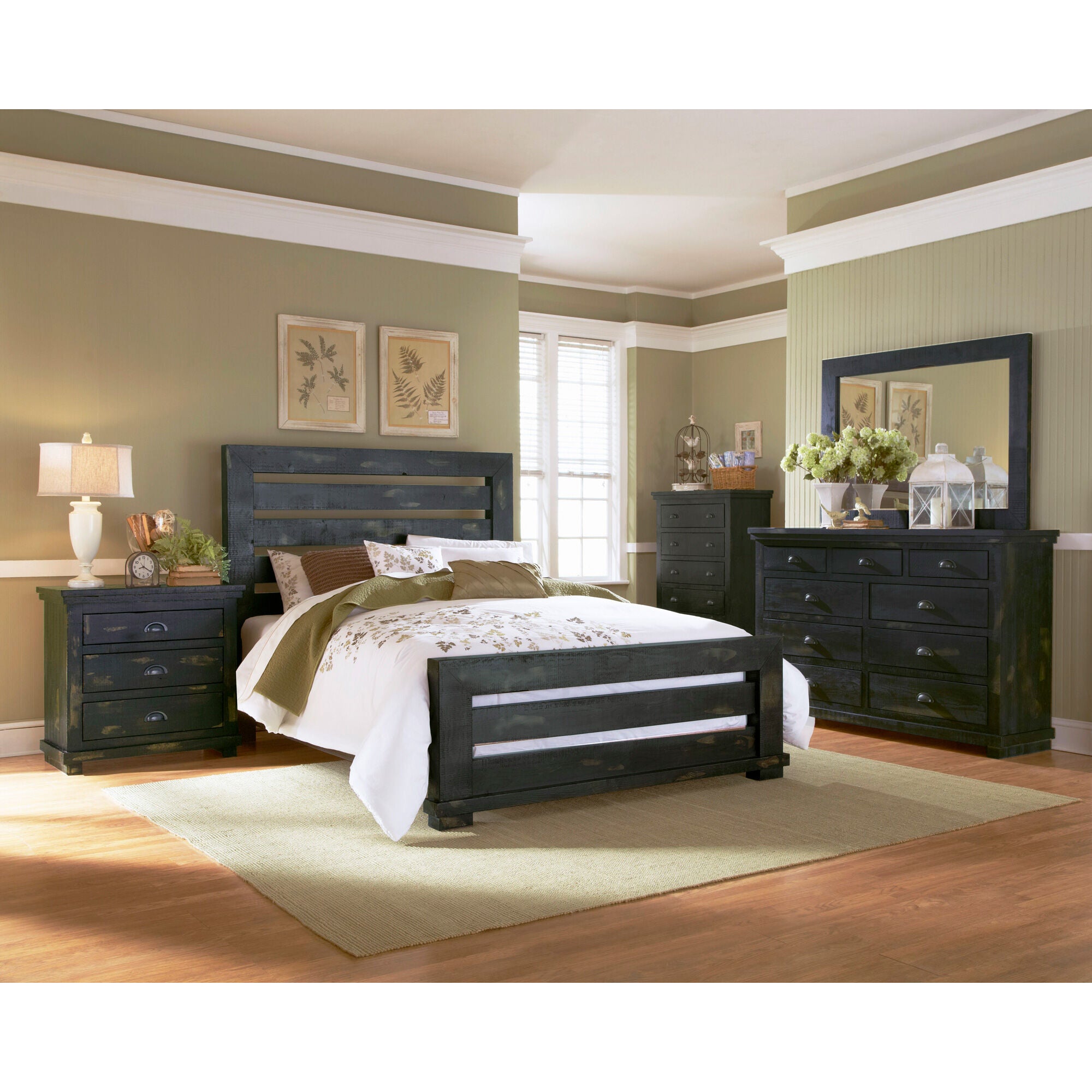 Progressive Furniture | California King Willow Slat 4 Piece Room Group | Distressed Black