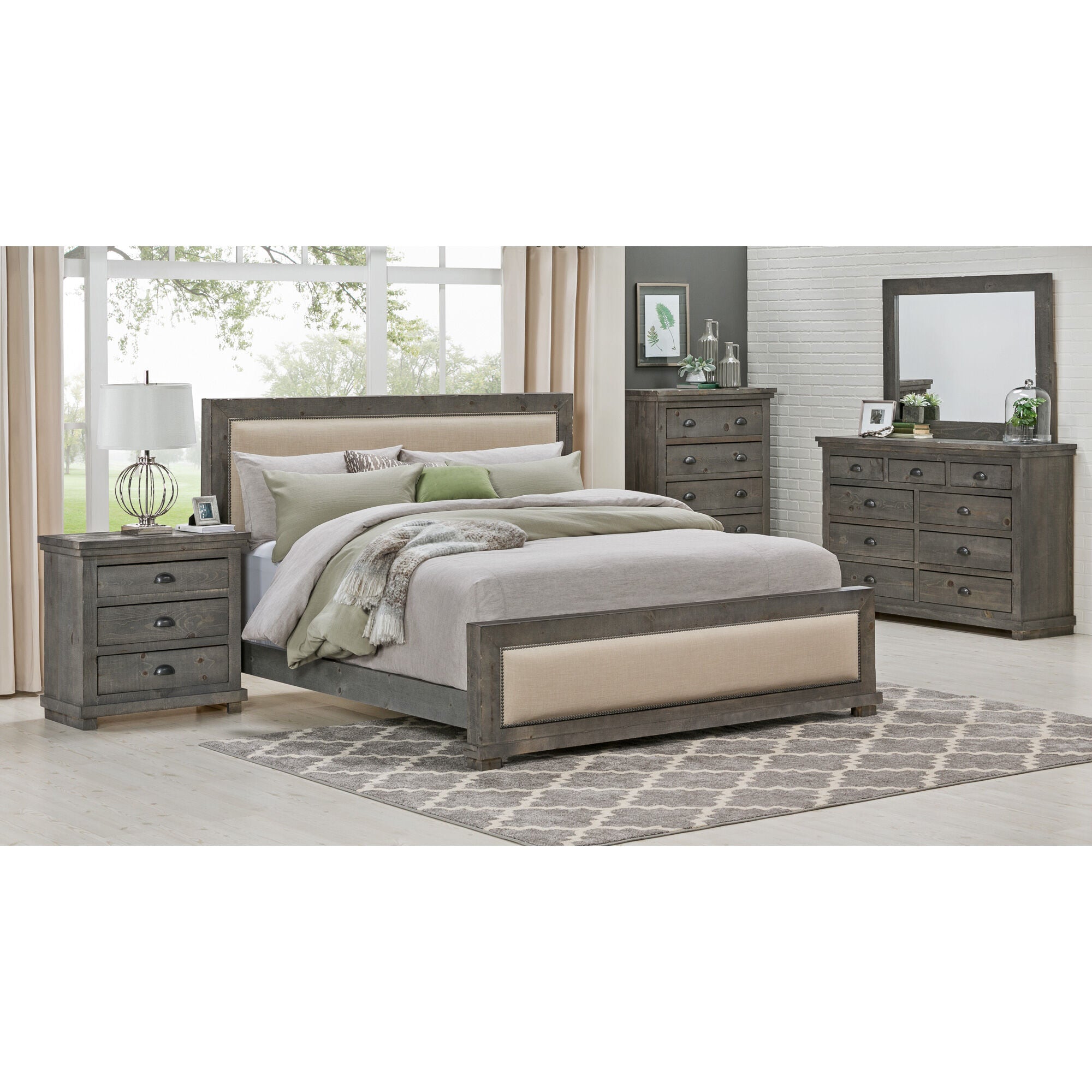Progressive Furniture | Queen Willow Upholstered 4 Piece Room Group | Distressed Gray