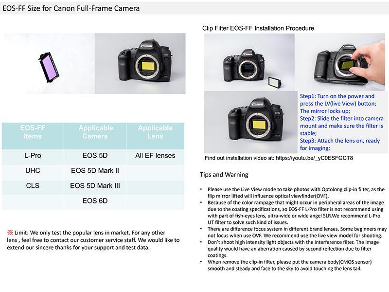Optolong Canon EOS FF Clip Filter Compatibility and Installation
