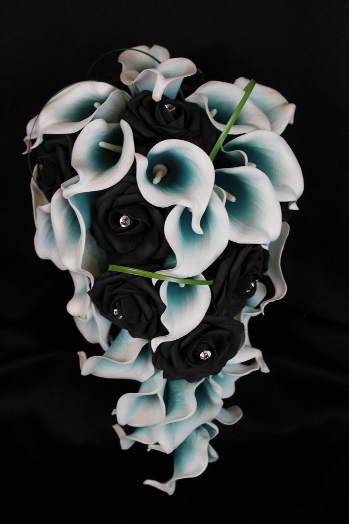 Cascading black Rose teal Calla Lily Bouquet  Detail 