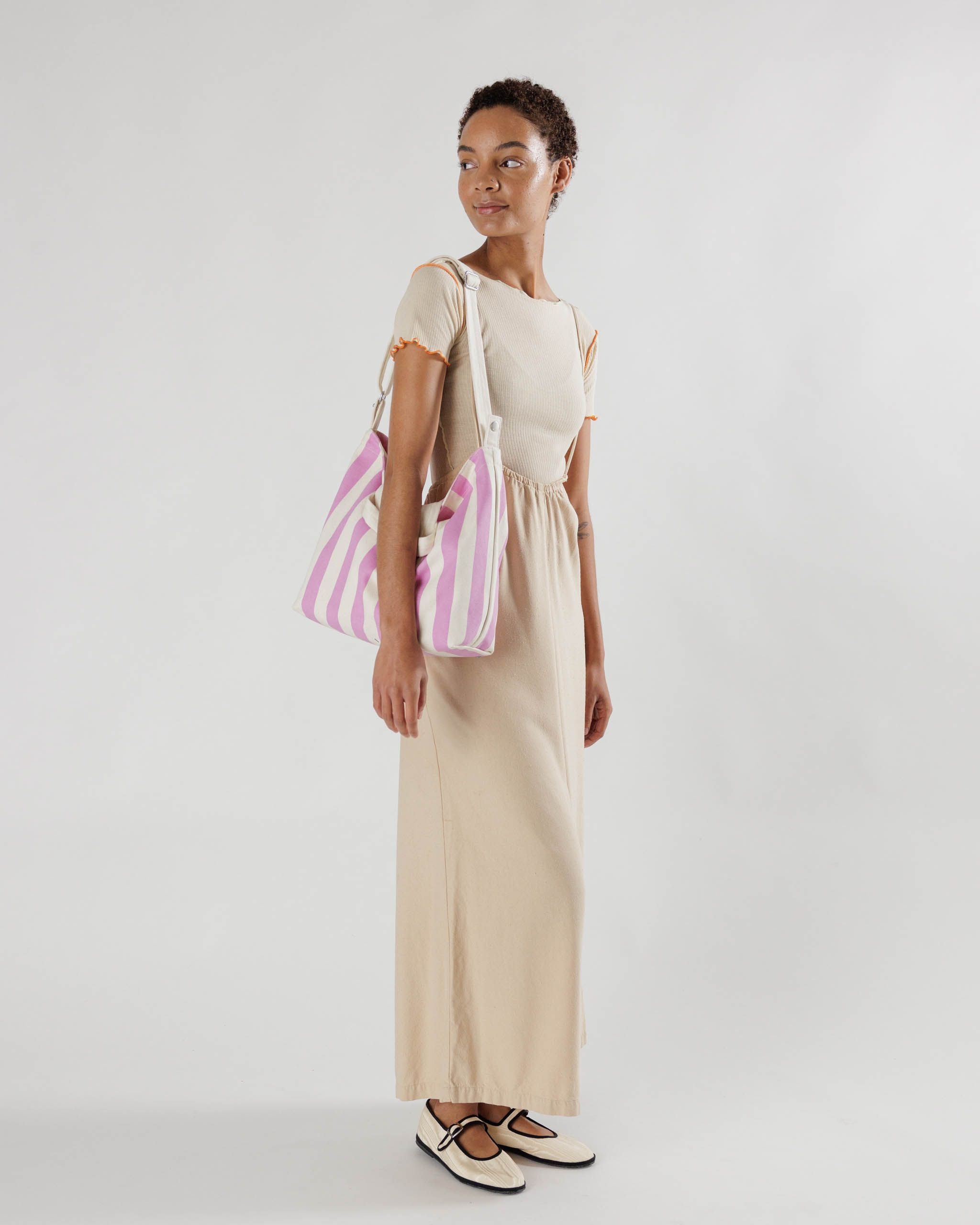 Baggu Horizontal Canvas Duck Bag / Pink Awning Stripe / Zipper Closure