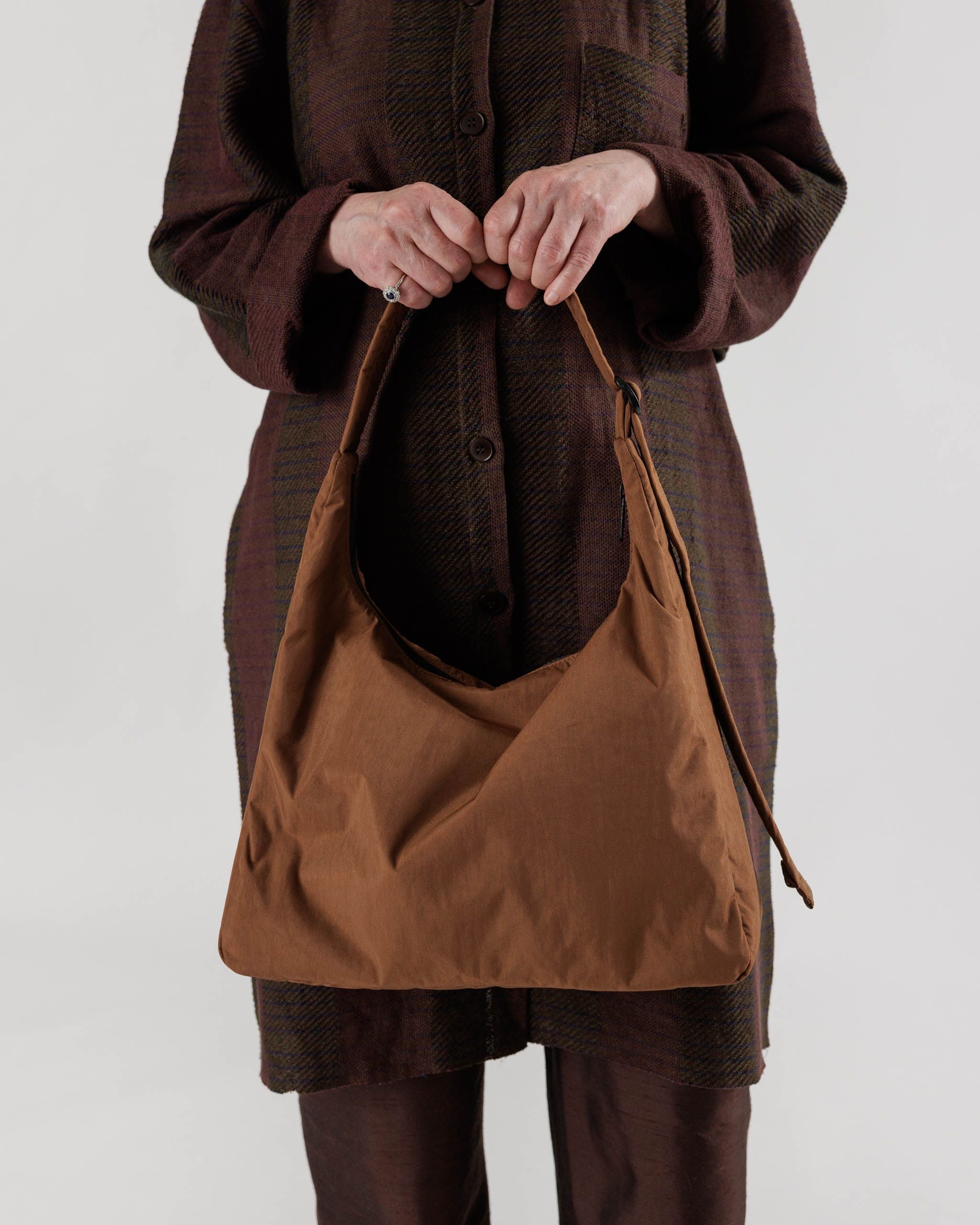 Brown Nylon & Leather Tote Bag