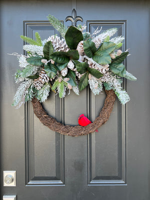 Frosted Magnolia and Cardinal Christmas Wreath - TwoInspireYou