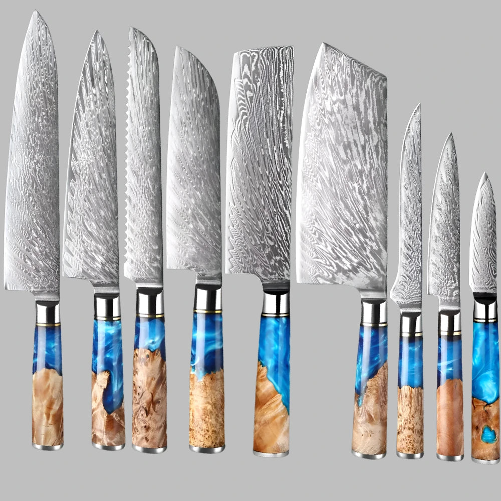 9 PCS Damascus Steel Knife with Coloured Blue Resin Handle