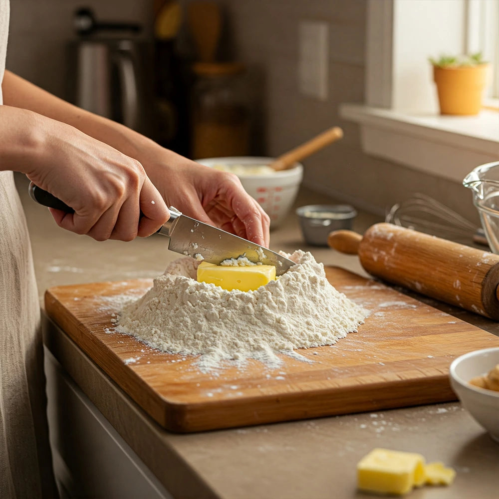 Mixing butter into flour for flaky buttermilk biscuits
