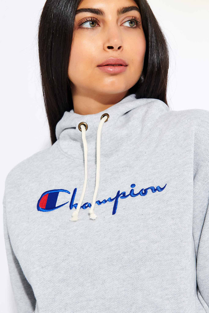 champion script logo grey hoodie