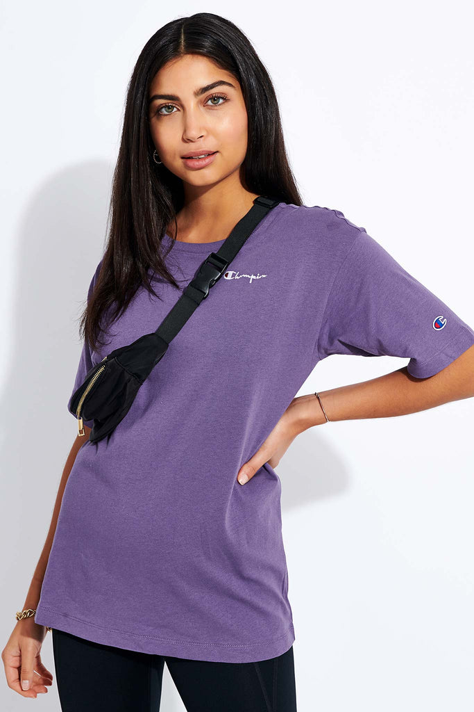 champion script logo violet crew neck sweatshirt