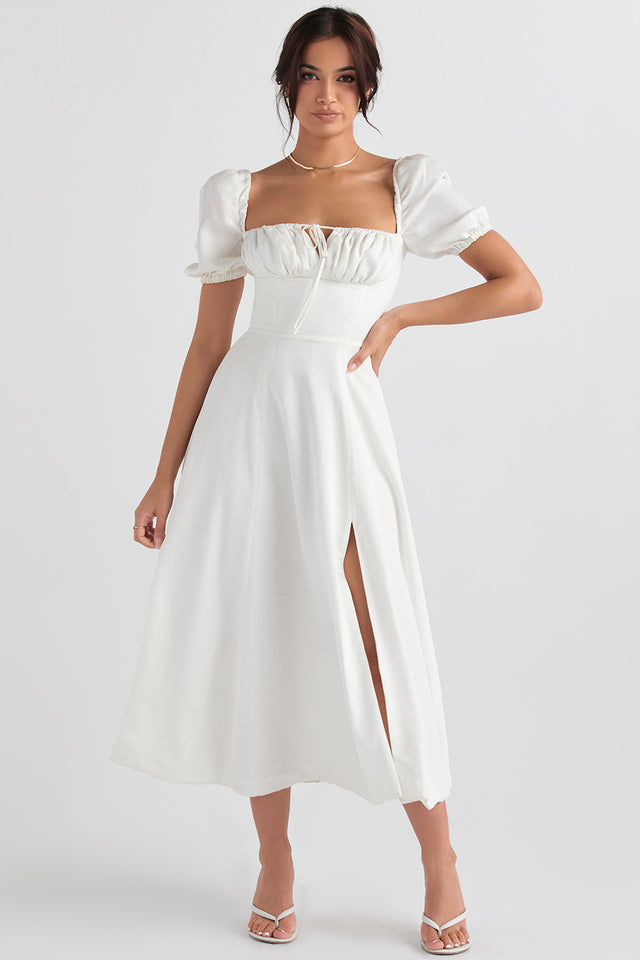 TALLULAH WHITE PUFF SLEEVE MIDI DRESS  - White