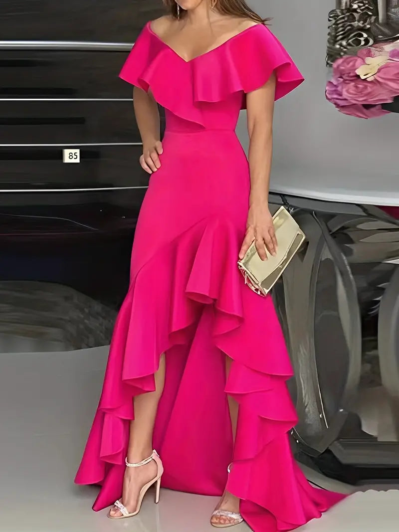 Fuchsia Off Shoulder Ruffle Hem Maxi Party Dress