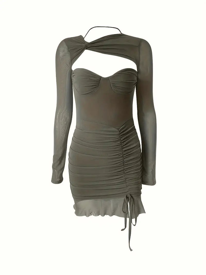 Drawstring Ruched Asymmetrical Long Sleeve Bodycon Mesh Dress