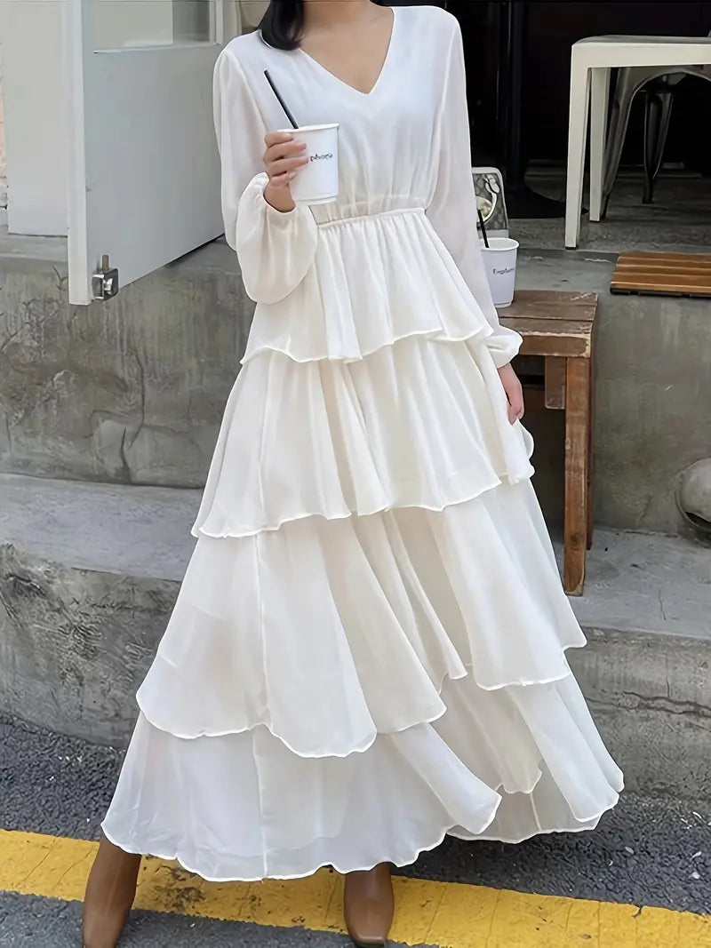 White V Neck Long Sleeve Maxi Ruffle Layered Dress