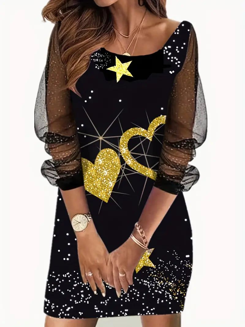 Casual Crew Neck Long Sleeve Sequin Star Print Dress