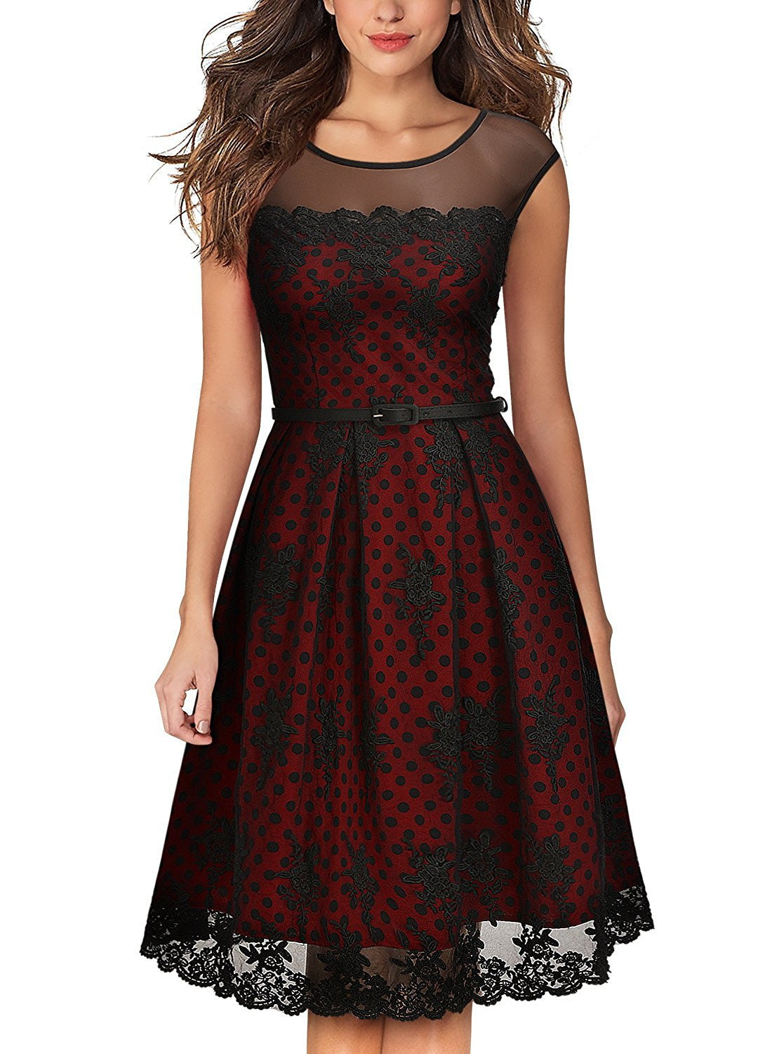 Women's Vintage Embroidered Lined Polka Dots Cocktail Swing Dress