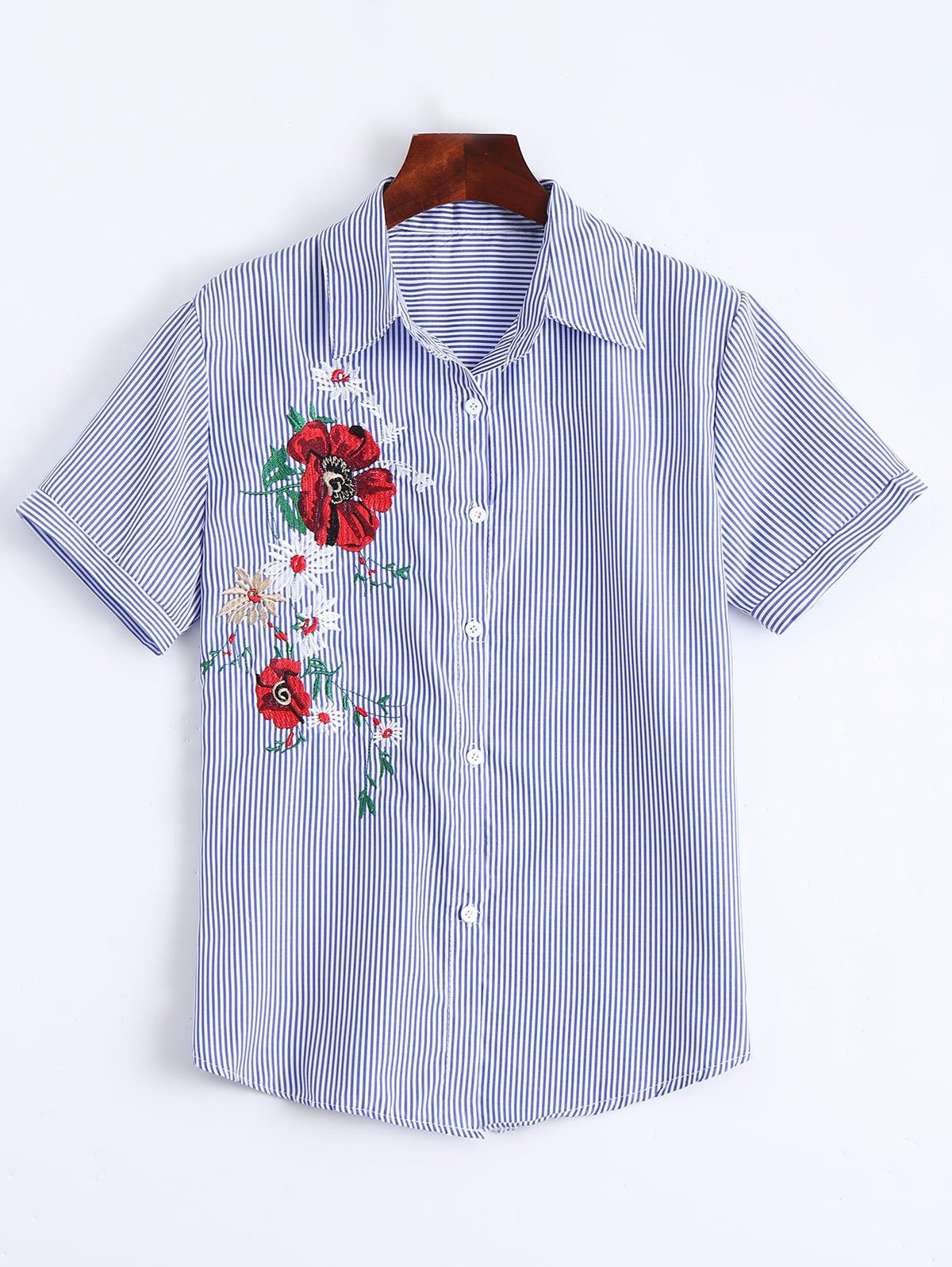 Floral Patched Button Up Striped Shirt Blue
