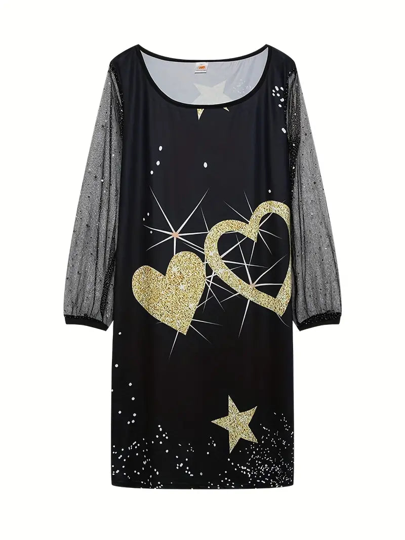 Casual Crew Neck Long Sleeve Sequin Star Print Dress