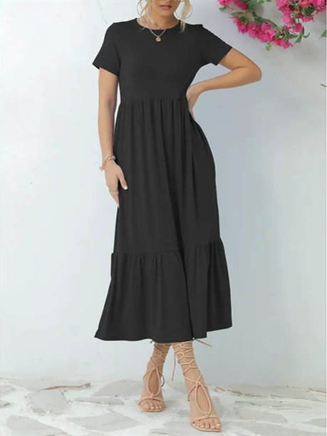 Casual Short Sleeve Tiered Maxi Beach Dress with Pockets