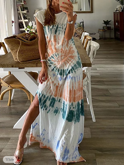 Split Print Crew Neck Long Tie Dye Maxi Dress