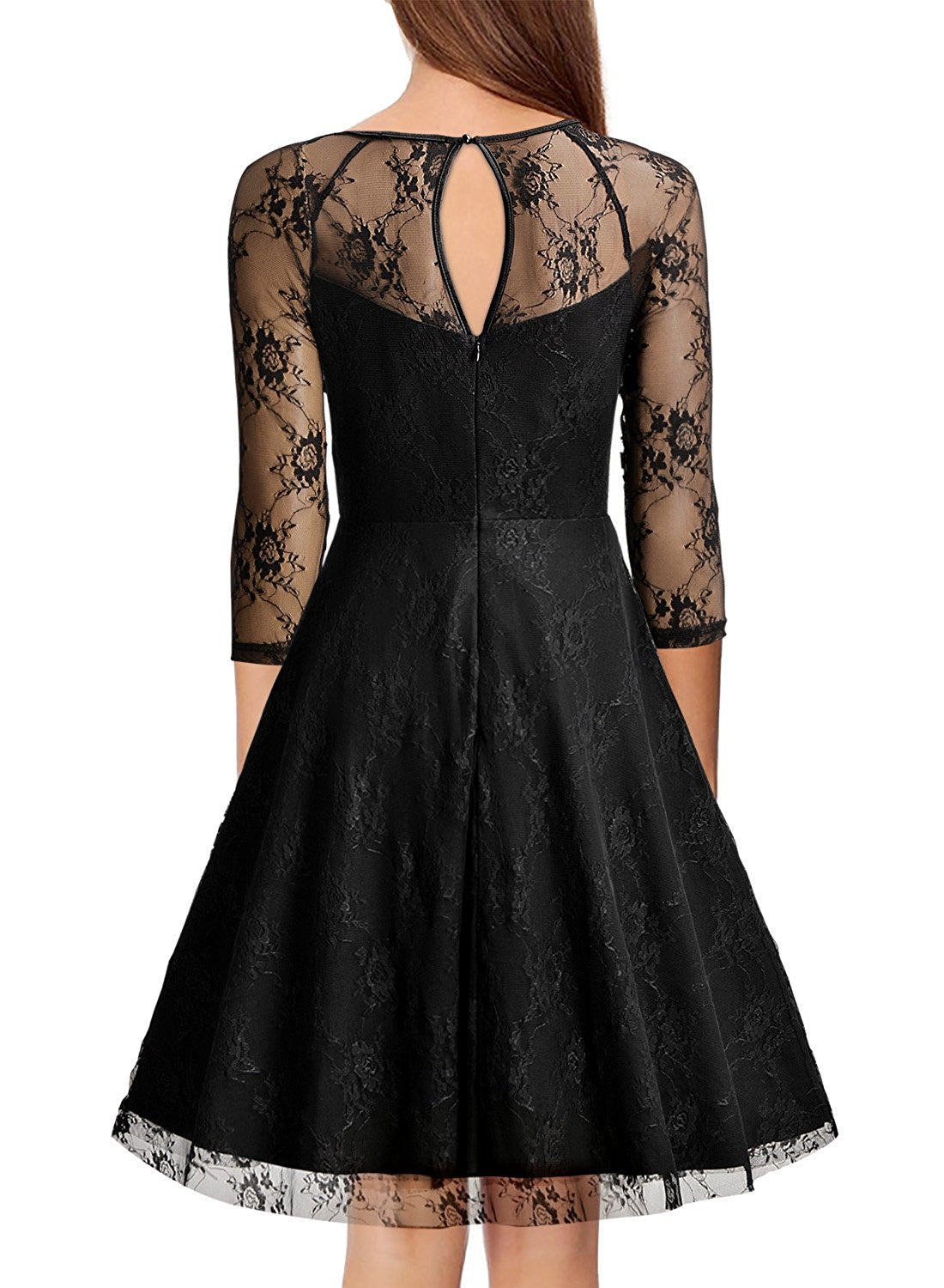 Women’s Vintage Floral Lace Net 3/4 Sleeve Sexy Swing Dress