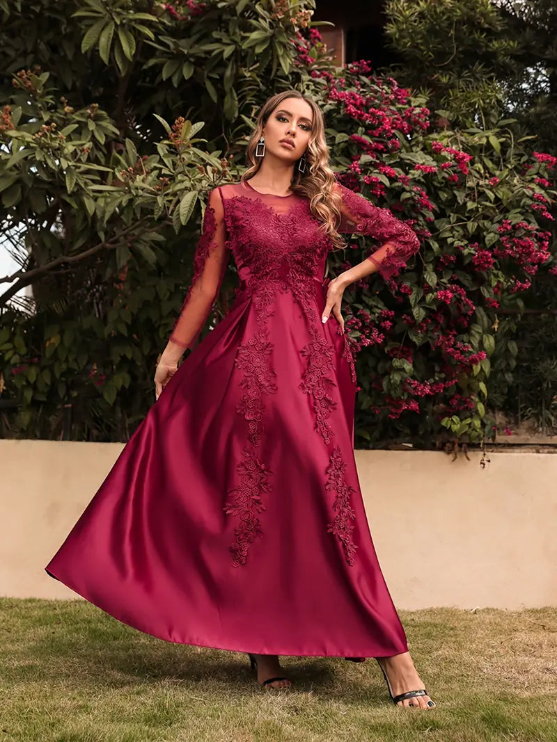 Burgundy Satin High Waist Ruffled Hem Maxi Dress